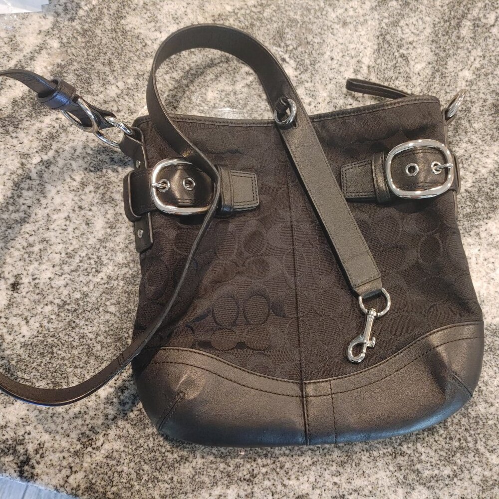 Coach Signature Purse - Shoulder Crossbody Bag, Leather/Canvas, Black.